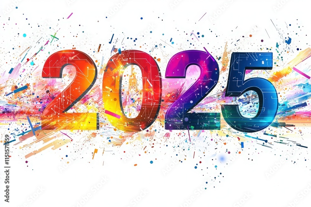A bright and dynamic design featuring the year 2025 in bold colors. The artwork includes colorful splashes and patterns, creating a festive atmosphere suitable for New Year celebrations.