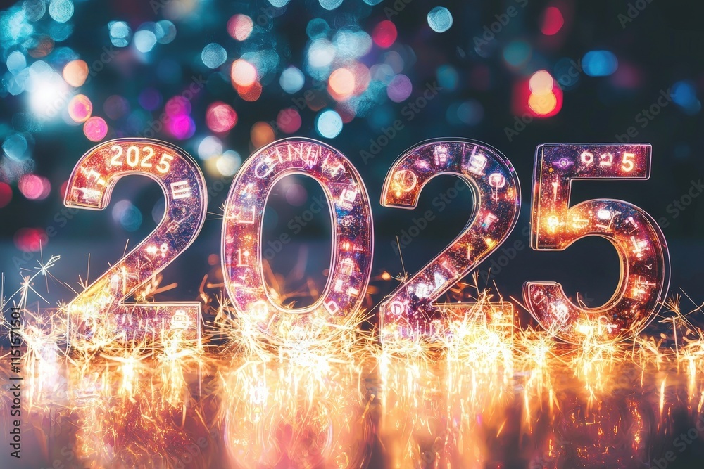 Brightly lit numbers 2025 shine against a colorful bokeh background. Sparks and light reflections create a festive atmosphere perfect for welcoming the new year with joy and excitement.