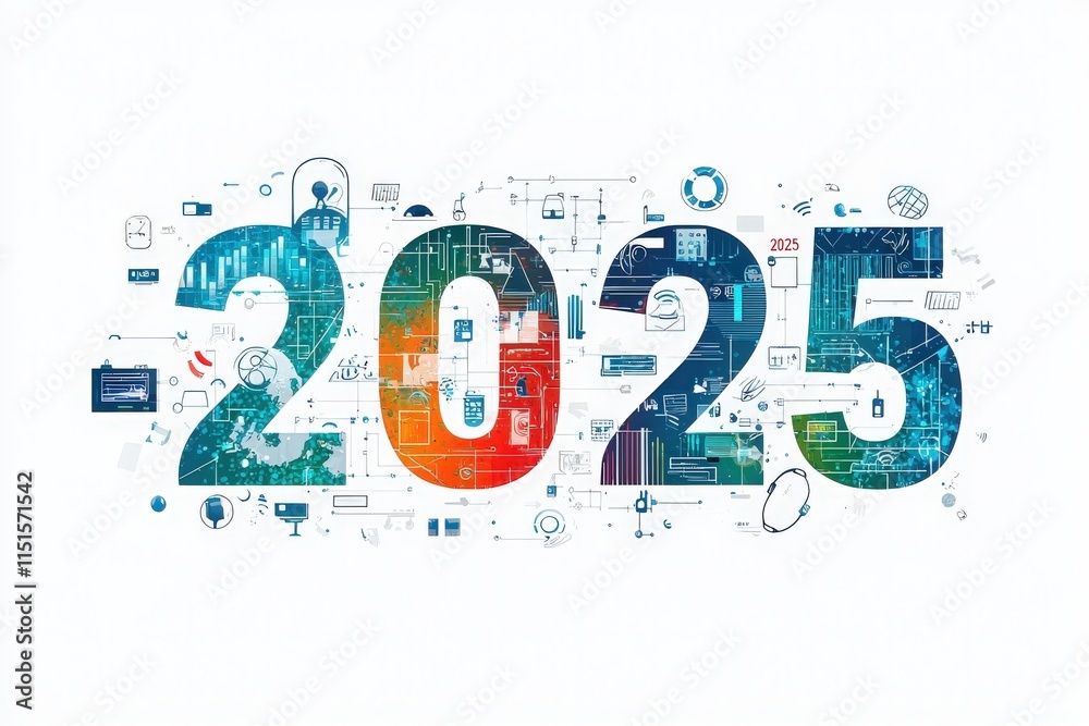A vibrant design showcases the number 2025, filled with various graphical elements representing technology, data analysis, and digital innovation.
