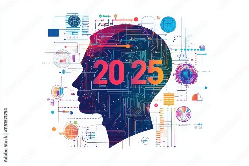 A creative display shows a human head silhouette filled with circuit patterns and futuristic icons, showcasing advancements in artificial intelligence projected for 2025.