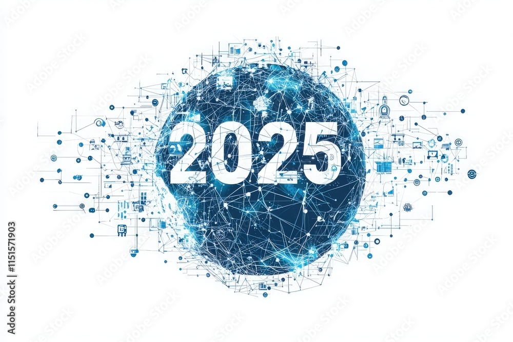 A futuristic representation of a globe marked with the year 2025.