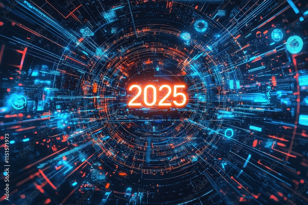 A vibrant visual featuring the year 2025 surrounded by dynamic patterns of light and digital symbols. The design conveys a sense of technology and progress.