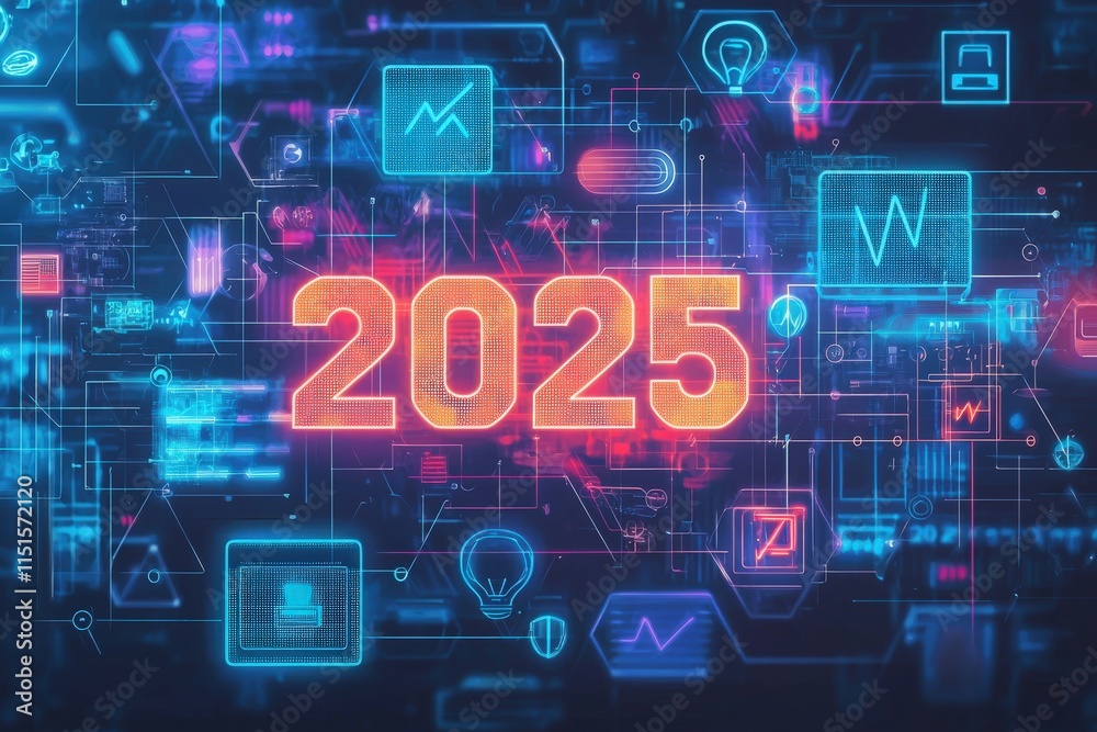 A vibrant visualization showcasing digital elements related to technology, data analytics, and futuristic concepts set in the year 2025.