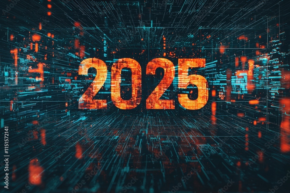 A vibrant digital design highlights the year 2025 with glowing numbers. The background features an abstract pattern of lines and colors that suggest advanced technology and innovation.