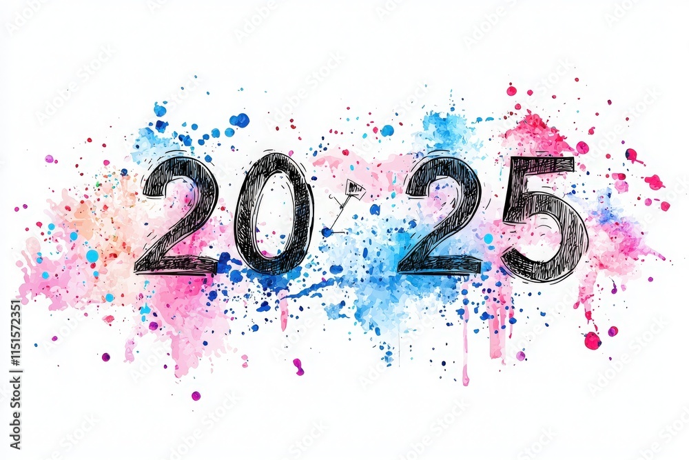 Vibrant splashes of color surround the bold numbers 2025, blending shades of pink, blue, and other hues. This artistic representation conveys a sense of creativity and celebration.
