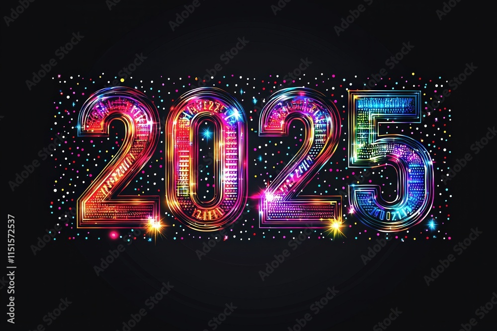 The display showcases large, illuminated numbers reading 2025, surrounded by a burst of colorful confetti and sparkling lights, creating a festive atmosphere for the New Years celebration.