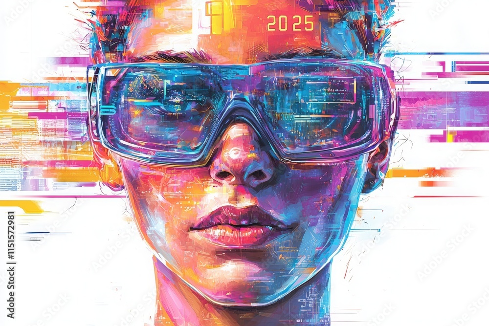 A woman with colorful facial features looks directly at the viewer while wearing advanced virtual reality goggles.