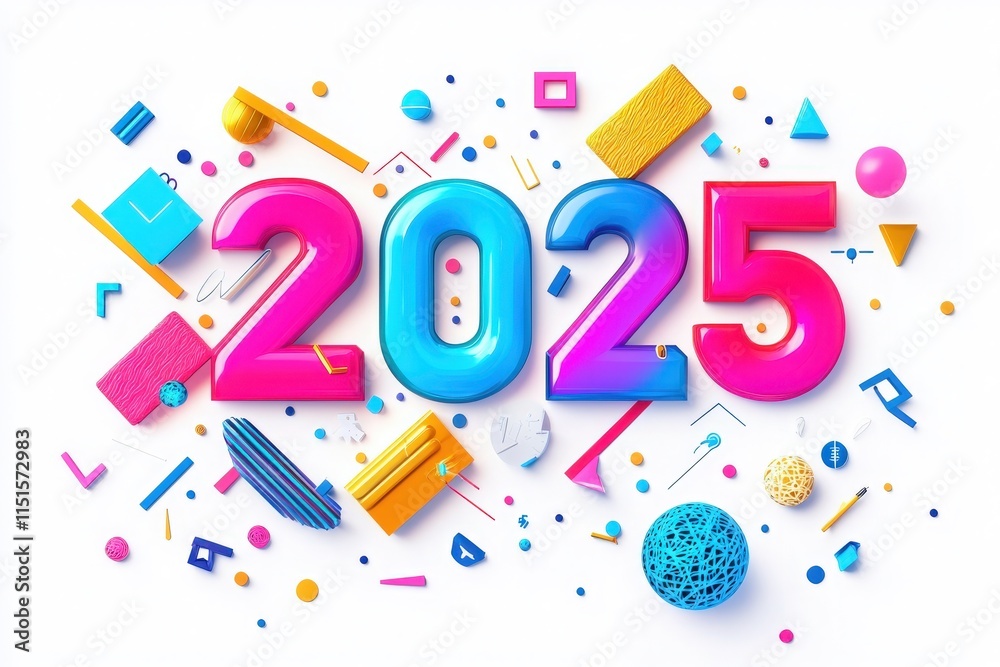 Vibrant elements displaying the year 2025 feature a mix of colorful geometric shapes and textures, creating a lively atmosphere. Ideal for festivities and new year promotions.