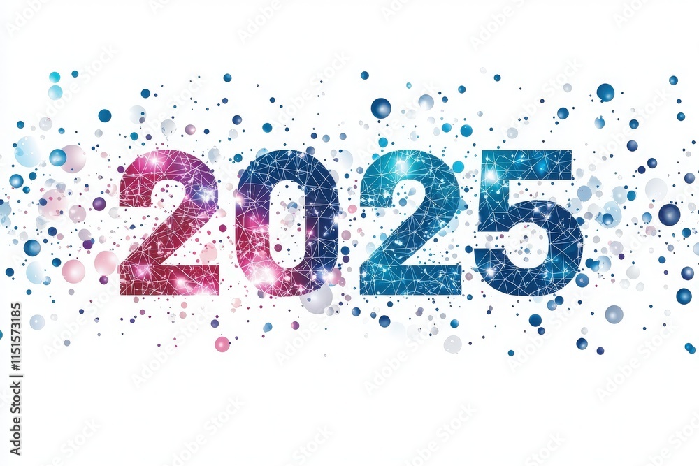 A vibrant display highlights the year 2025, featuring various colorful circles and sparkling elements. This festive background captures the excitement of a new year and future possibilities.