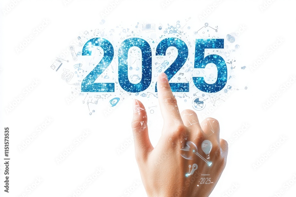 A hand points at the year 2025, surrounded by a swirl of digital icons and symbols, signifying technology and innovation. The scene emphasizes modernity and future possibilities.