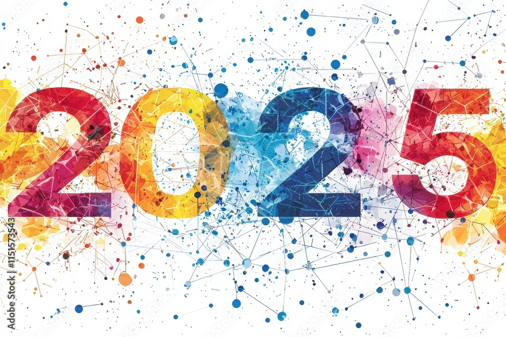 A vibrant representation of the year 2025 showcases bold, colorful numbers with abstract patterns and splashes of paint, creating a festive and lively atmosphere.