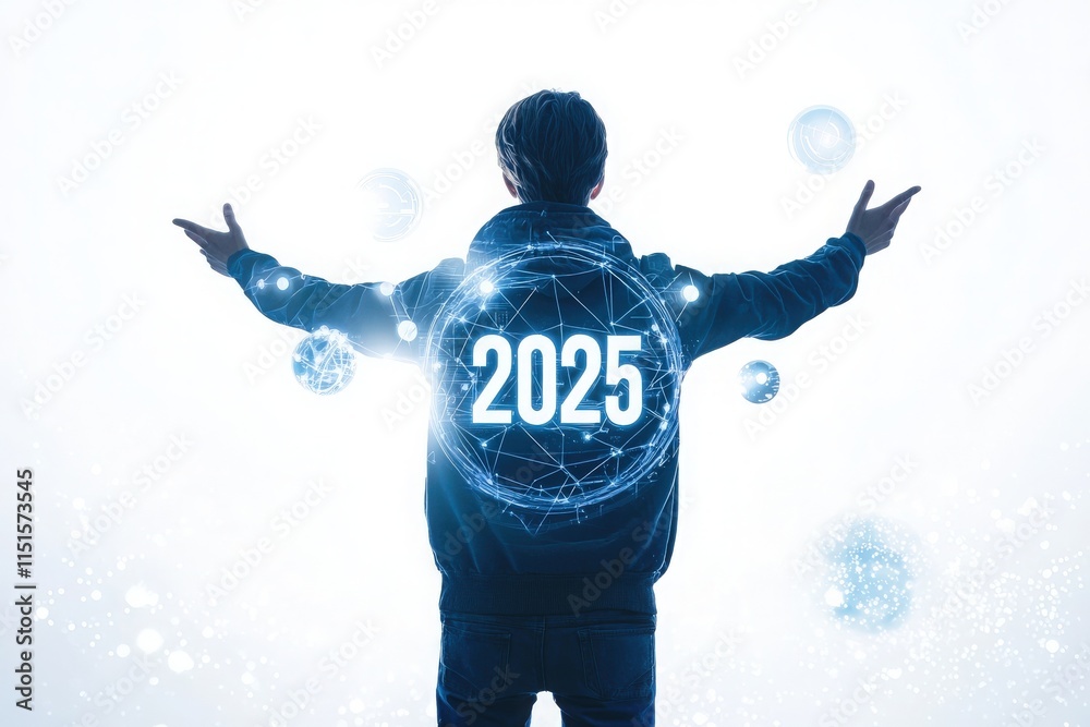 A person stands with arms outstretched, facing forward. Behind them is a glowing representation of the year 2025, surrounded by digital spheres, symbolizing innovation and future possibilities.