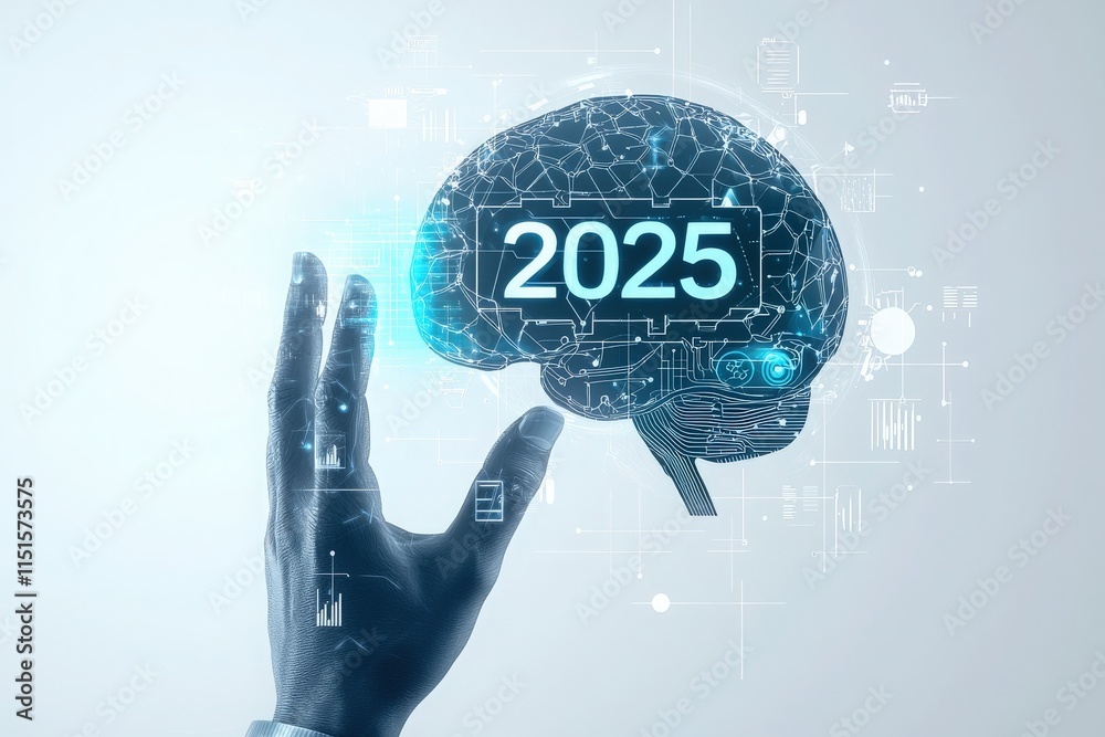 A human hand extends towards a digital brain graphic displaying the year 2025. The background features abstract technology and data elements, signifying future innovation.