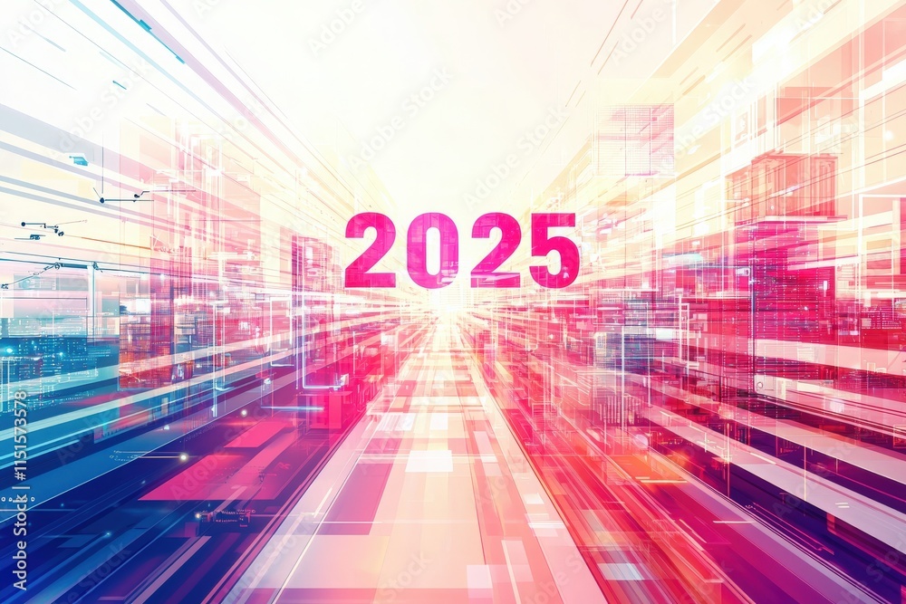 A vibrant and dynamic representation of the year 2025, featuring futuristic technology elements and light patterns. The design conveys a sense of advancement and innovation.