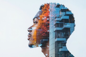 Poster - Urban profile of a young man with social media networks overlay vibrant colors cityscape background