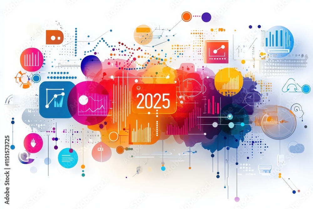 This vibrant graphic showcases various data visualization elements, including charts, graphs, and icons representing future trends and projections for the year 2025.
