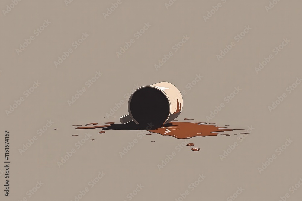 An overturned cup lies on a flat surface, with rich brown coffee spilling out.