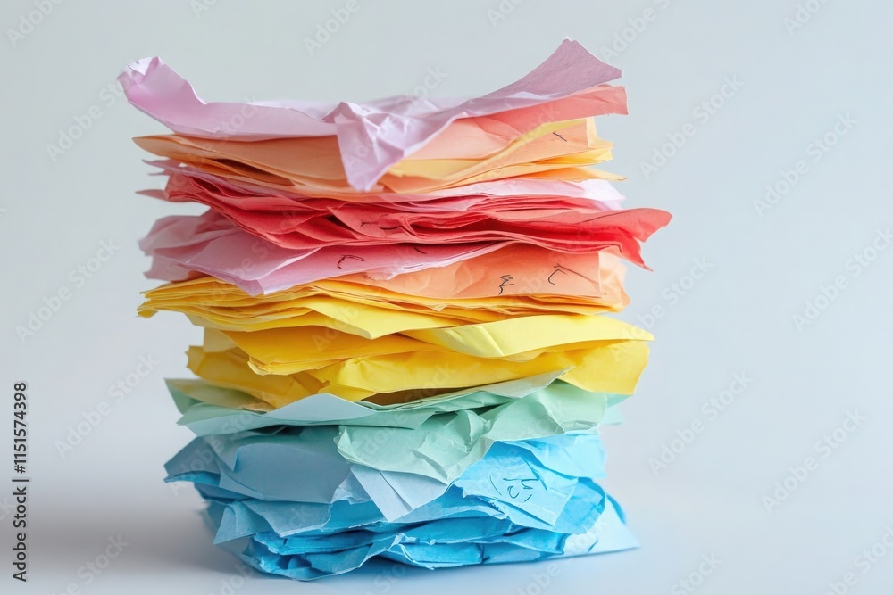 A vibrant stack of crumpled paper in various colors is arranged neatly. The composition showcases shades of pink, yellow, and blue, offering an artistic and playful visual element.