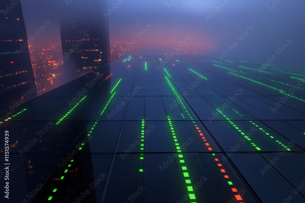 View of a vibrant city skyline during dusk, showcasing a blend of colorful lights reflecting off surfaces. Fog envelops the buildings, adding an atmospheric depth to the bustling urban landscape.