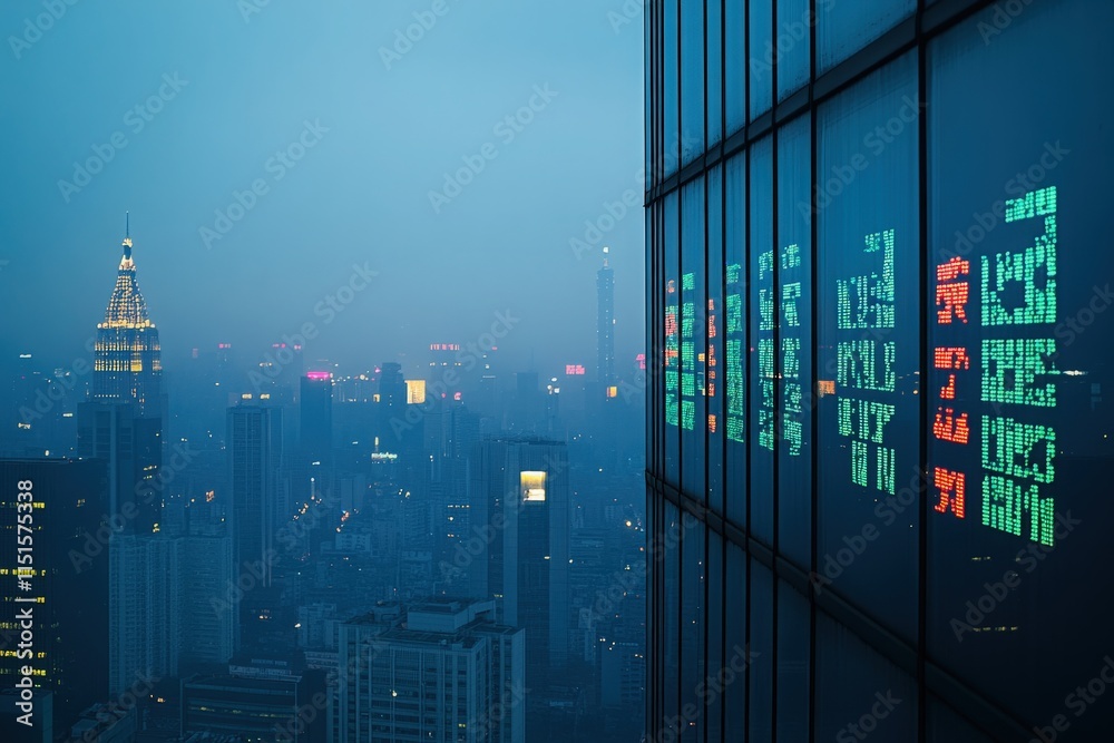 A bustling city skyline features glowing digital displays reflecting off a skyscraper. Bright lights from buildings create a vibrant atmosphere as twilight settles over the urban landscape.