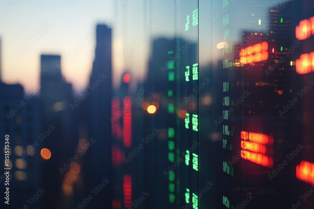 Bright lights illuminate stock market data on glass as the city skyline transitions to evening. The vibrant green and red numbers indicate financial trends, contrasting with twilight colors.