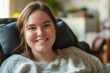 Wall Mural - A woman is smiling and sitting in a chair