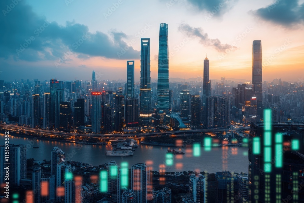 Bright lights illuminate the skyline of Shanghai as the sun sets, casting a warm glow over the citys impressive skyscrapers and the winding river below, creating a stunning urban panorama.