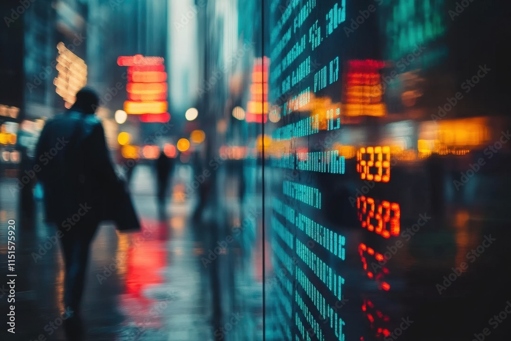 A busy urban environment at night captures traders walking in the rain, while colorful financial displays glow against wet surfaces, creating a dynamic atmosphere of activity and commerce.