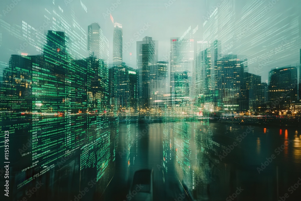 Bright lights reflect on the water as tall buildings rise against a night sky. The bustling city emits a vibrant energy, enhanced by a motion blur that captures the dynamic atmosphere.