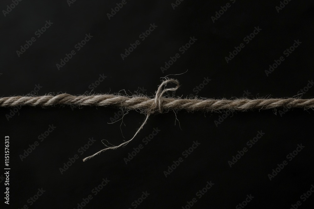 A length of natural fiber rope is seen tied in a knot against a dark backdrop. The texture of the rope is highlighted, showcasing its ruggedness and simplicity.