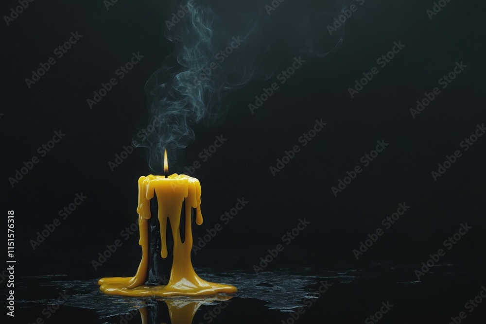 A yellow candle is melting slowly, releasing wisps of smoke into the air. The candles wax drips down its side, creating a serene and calming ambiance in a dimly lit environment.