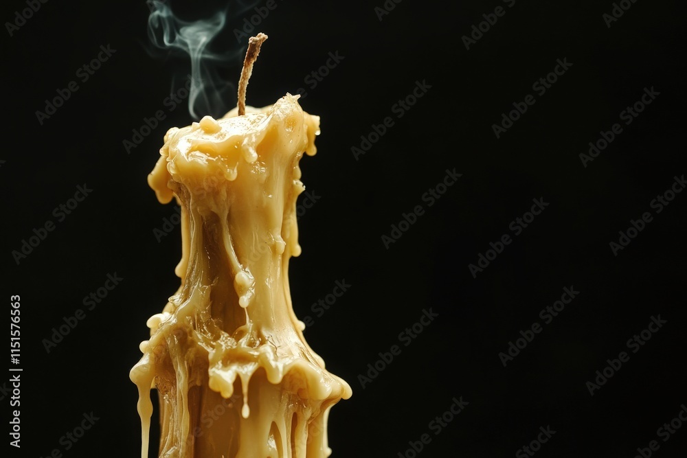 A thick candle slowly melts, drenching its base in wax while wisps of smoke rise into the air. The dark background enhances the warm glow, creating a calming atmosphere.