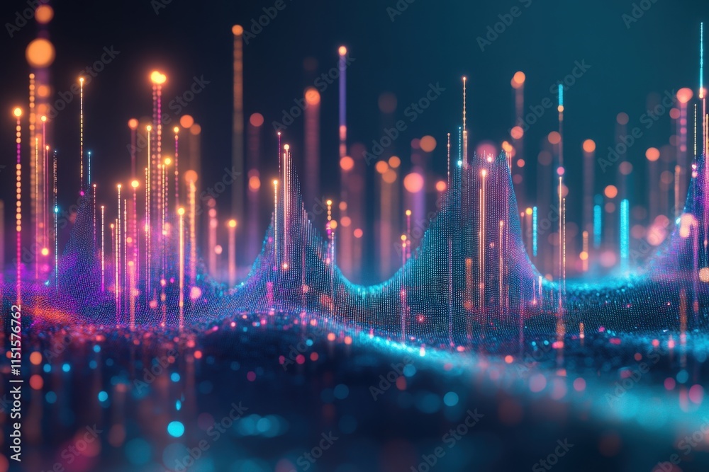 Dynamic sound waves glow in vibrant hues, creating an abstract landscape of audio data. The digital visualization features fluctuating peaks and valleys, surrounded by light particles.