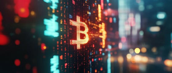 Poster - vibrant digital background with bitcoin symbol and glowing circuit patterns