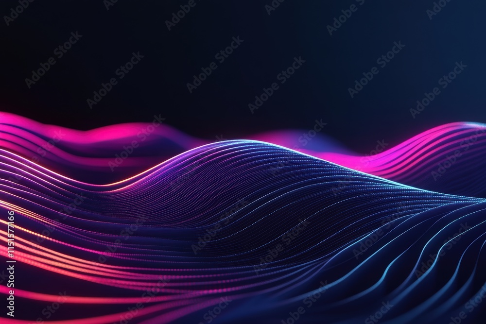 Bright wavy patterns emerge in shades of pink and blue, creating a dynamic visual effect in a dark background, reminiscent of sound waves or fluid motion in an abstract digital artwork.