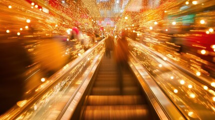 Poster - Blurred Motion on Escalator Surrounded by Twinkling Lights and Glow