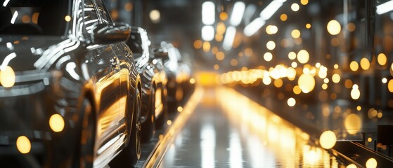 Poster - Modern Automotive Production Line with Sleek Cars and Soft Bokeh Lights