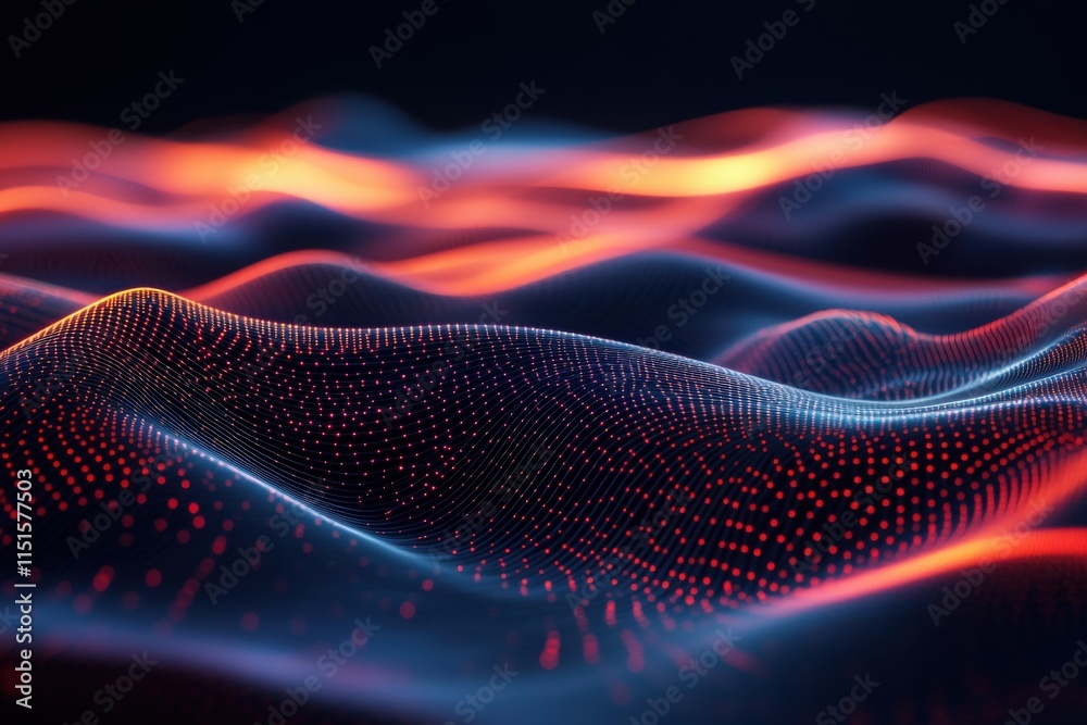 Swirling waves of vibrant colors and patterns illustrate a dynamic digital landscape. The scene captures a blend of warmth and coolness, evoking movement and energy in a captivating way.