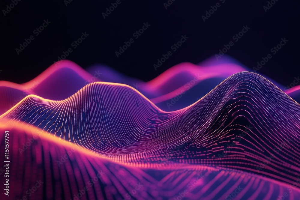 This artwork features vibrant undulating waves composed of intricate lines and soft colors. The visual representation captures the essence of digital data and abstract forms.