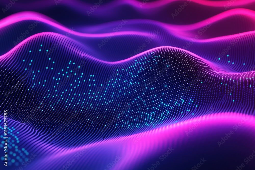 A stunning display of vibrant colors and flowing waves creates an abstract digital landscape. Glowing particles are scattered throughout, enhancing the captivating visual effect.