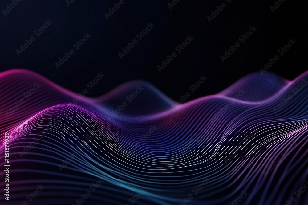 Vibrant waves of light in shades of purple and blue flow gracefully across a dark background, creating a captivating visual pattern. The interplay of colors evokes a sense of movement and depth.