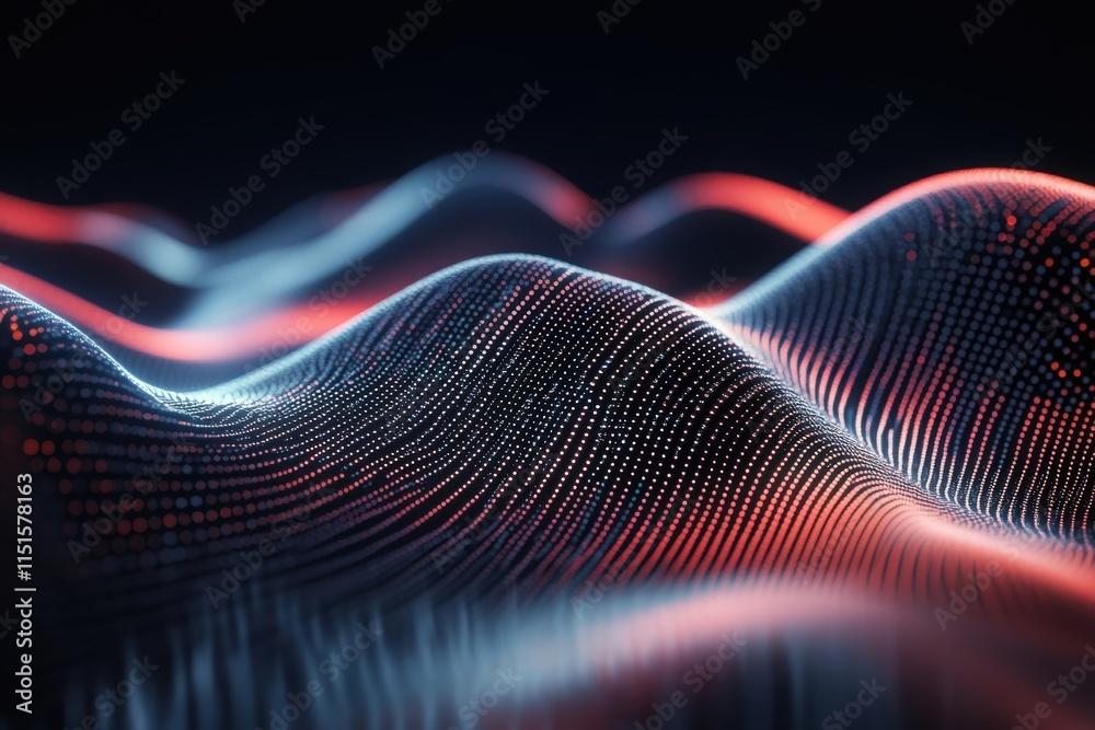 A captivating display of flowing digital waves featuring a blend of red and blue lights. This visualization symbolizes the connection and flow of information in technology and data landscapes.