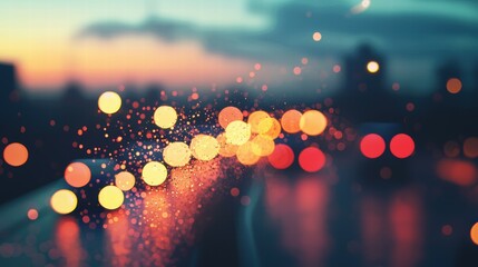 Poster - Blurred City Lights at Dusk with Colorful Bokeh Effect in Urban Setting