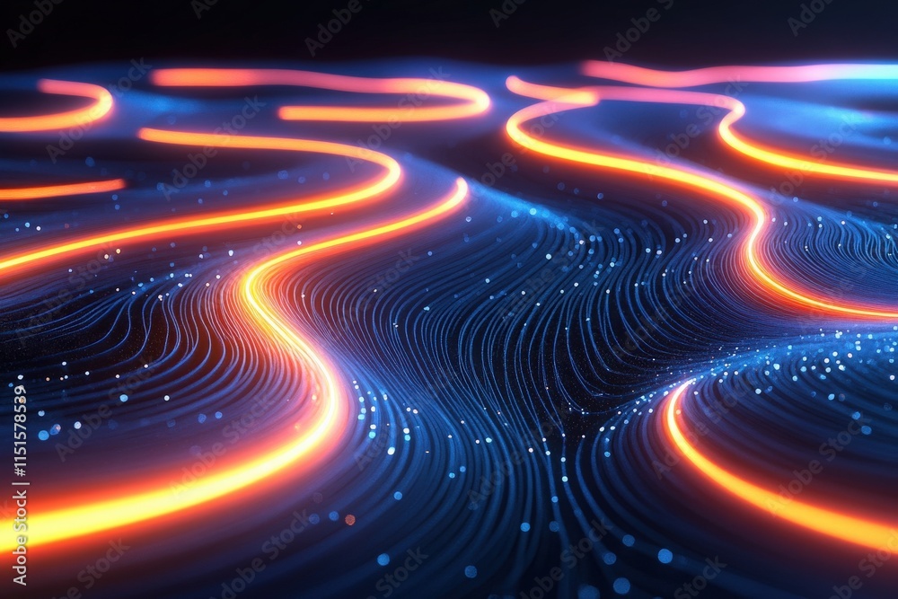 Electric blue and orange lines flow dynamically across a dark surface, creating a mesmerizing abstract pattern.