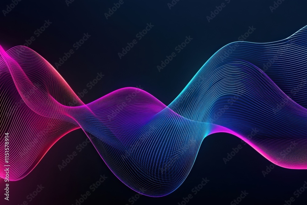Vibrant wave patterns in shades of blue, pink, and purple flow smoothly against a dark background, creating an engaging and mesmerizing digital landscape full of movement and energy.