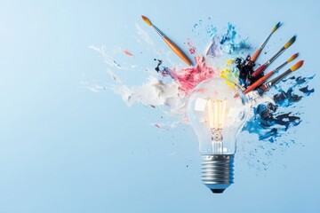 Poster - Innovative light bulb art concept with paintbrushes creative symbols art gallery background elegant setting