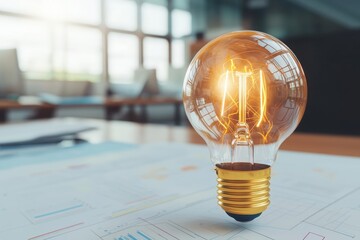 Poster - Innovative light bulb idea in modern office creative process elements with mind maps and flowcharts