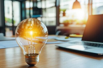Poster - Innovative light bulb idea inspiring creative processes in modern office environment with bright colors