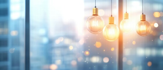 Poster - Warm Glowing Light Bulbs Hanging in Modern Urban Office Space Interior