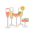 © chekiwart - Hand drawn different cocktails composition. Festive drinks set. Design for bar menu, New Year party, stickers or alcohol cook book recipe